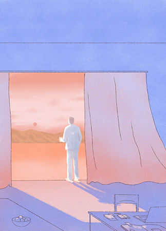graphic of a person standing outside on a balcony