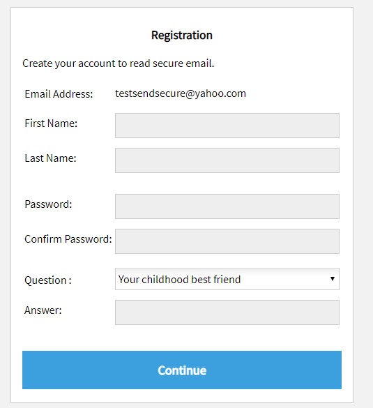 registration form to create an account with fields for name, password and security question
