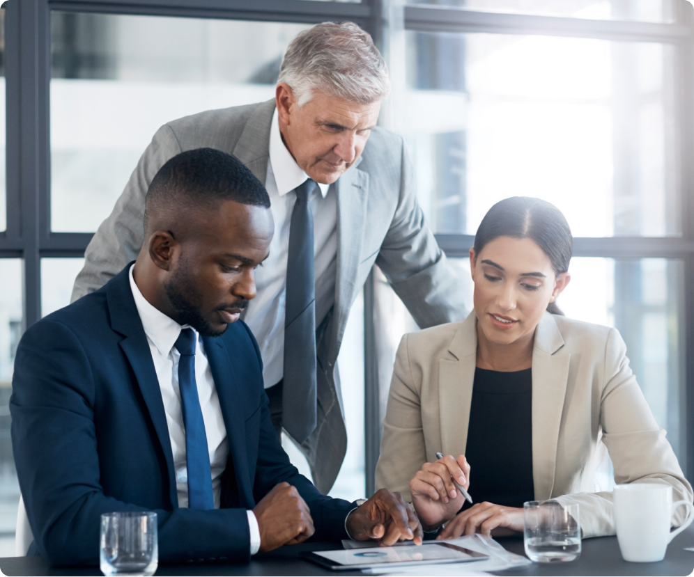 Business professionals collaborating in modern office setting
