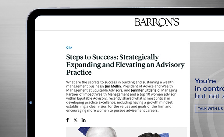 A tablet screen displays a Barron's article titled 'Steps to Success: Strategically Expanding and Elevating an Advisory Practice.' 