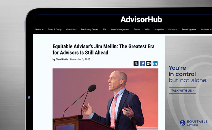 laptop screen showing the Advisor Hub article "Equitable Advisor's Jim Mellin: The Greatest Era for Advisors is Still Ahead"