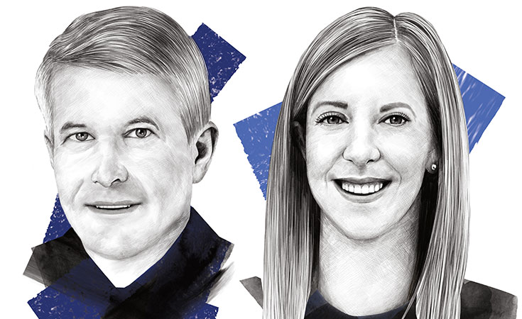 Illustrated portrait of a Sarah Ogle and Todd Johnson with abstract blue accents