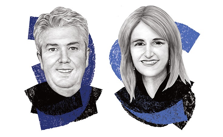 Illustrated portrait of a Cindy Price and Bill Degnan with abstract blue accents