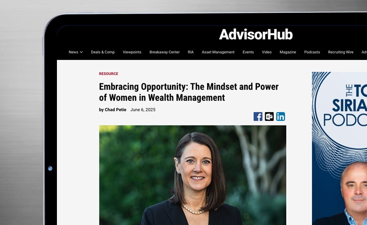 Laptop screen showing Advisor Hub article: Embracing Opportunity: The Mindset and Power of Women in Wealth Management