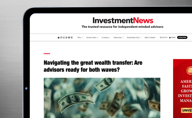 Laptop screen showing Investment News article: Navigating the great wealth transfer: Are advisors ready for both waves?