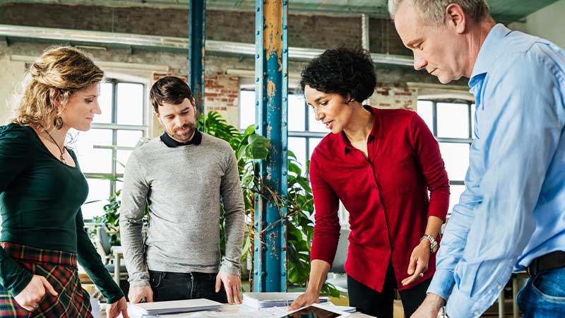 Team discussing over documents