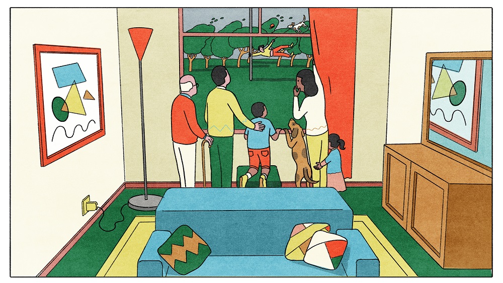 Image of a painting of a family looking out the window